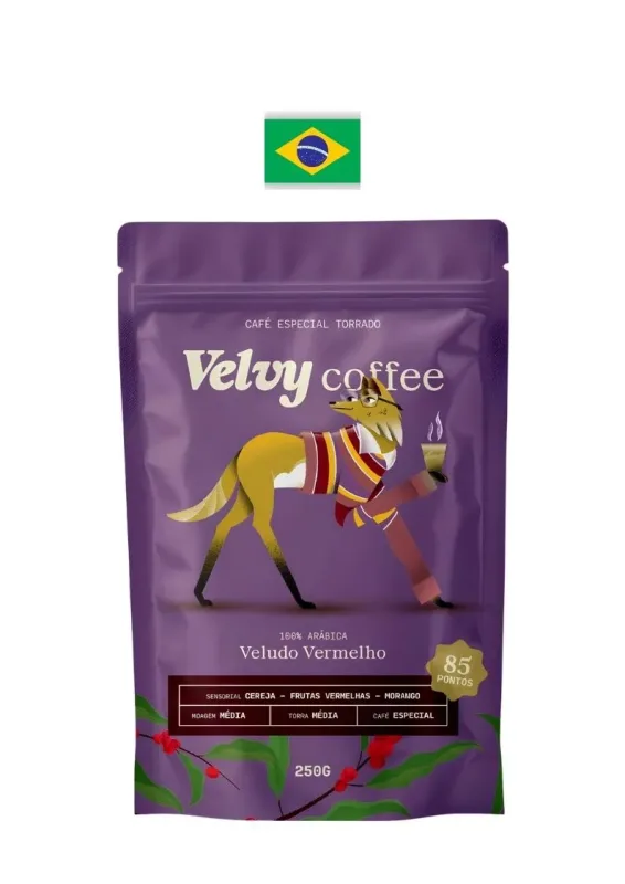 VELVY COFFEE VELUDO VERMELHO GRAOS/MOIDO 250g - Café especial torrado em grãos/moído 100% arábica Veludo Vermelho. Origem: Brasil