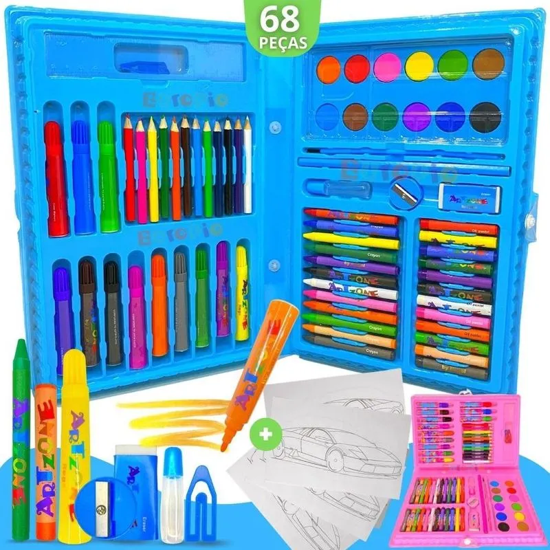 Maleta Pintura Infantil Estojo 68 Peças Para Colorir - Azul