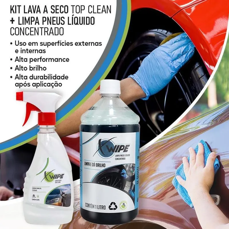 Kit Lava A Seco Top Clean + Limpa Pneus Líquido Concentrado