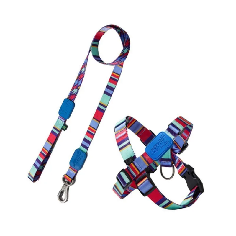 Peitoral e Guia para Caes Raios e Listras Azul Poliester Borracha Metal m