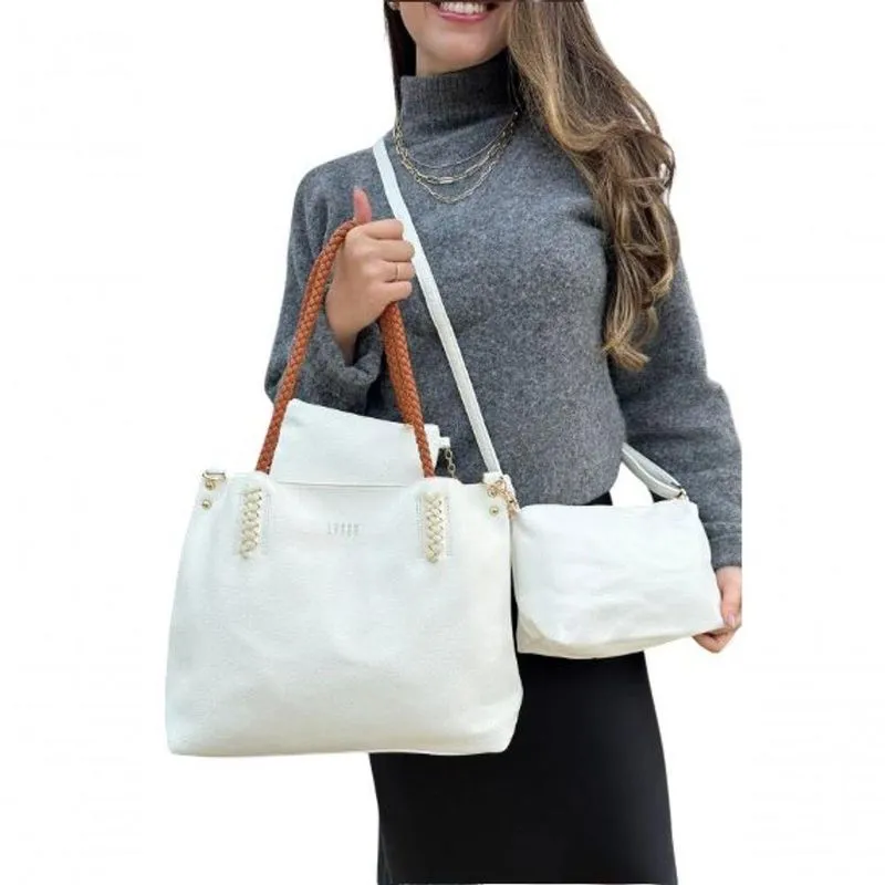 Kit 3 Bolsas Femininas Lyssa Tote Em Couro Sintético Branco Com Alça Caramelo
