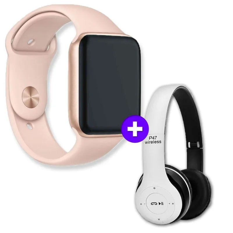 Kit Smartwatch Iwo 9 44mm Dourado + Headphone Sem Fio Branco