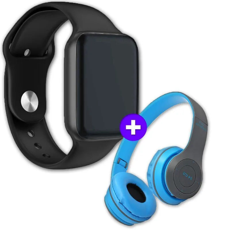 Kit Smartwatch Iwo 9 44mm Preto + Headphone Sem Fio Azul