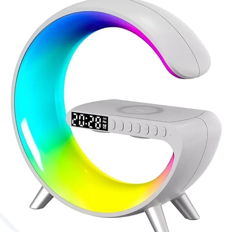Luminária G Rgb Com Relógio Carregador Por Indução Abajur Inteligente E Caixa De Som - Branco