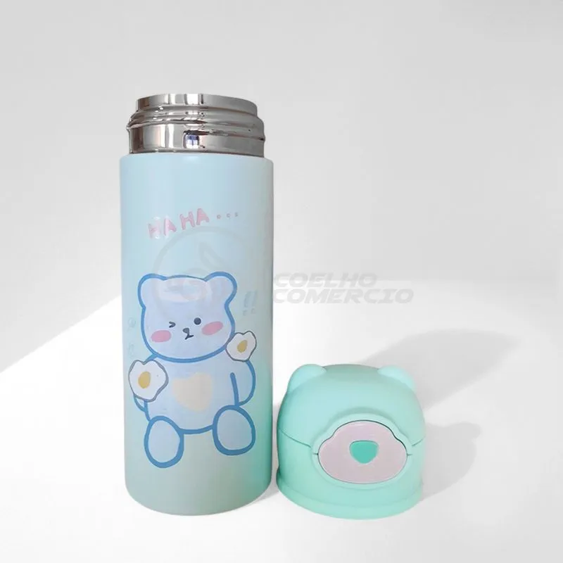Garrafa Térmica de Ursinho Verde Infantil 420ml em Aço Inoxidável com Canudo de Silicone