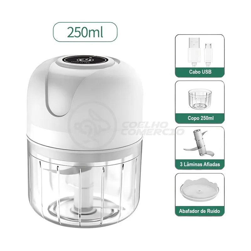 Mini Triturador Processador 250ml Branco USB Recarregável com Lâminas Afiadas para Alimentos