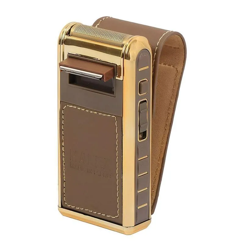 Barbeador E Aparador Kemei Rscw-5500 Recarregável Dourado Com Couro E Espelho Bivolt