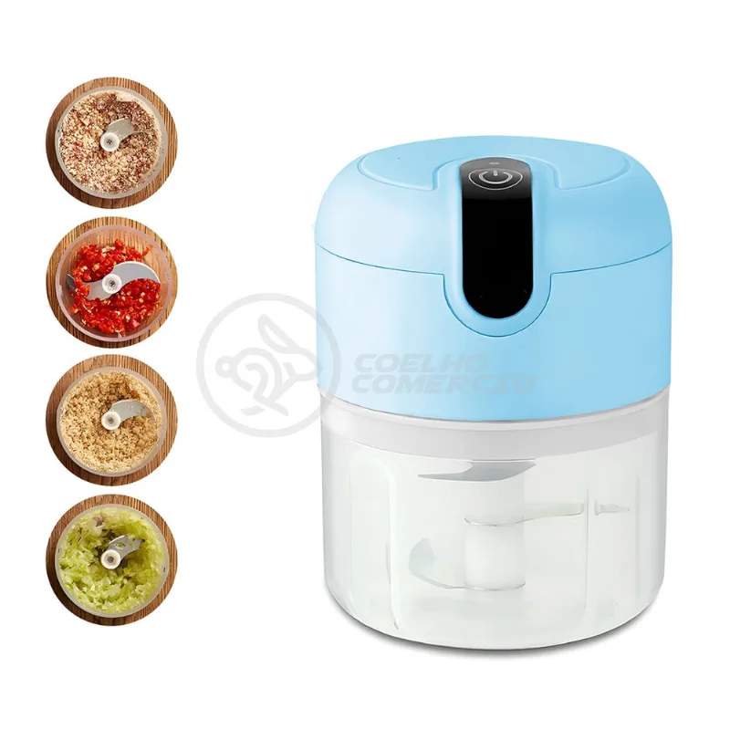 Mini Triturador Elétrico Portátil Azul Recarregável USB 280ml com 3 Lâminas de Aço Inox