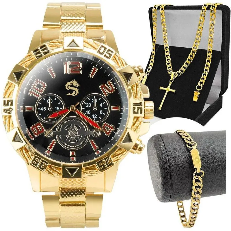 Relogio Masculino Dourado + Pulseira Grumet Religioso Social Qualidade Premium Casual Presente