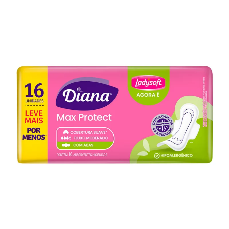 Absorvente Diana Max Protect Cobertura Suave com Abas 16 Unidades Leve Mais Por Menos