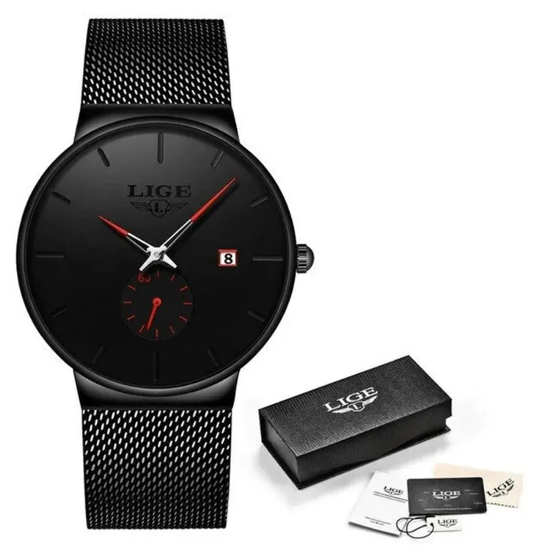 Relógio De Quartzo Masculino Casual Aço Impermeável Preto Vermelho