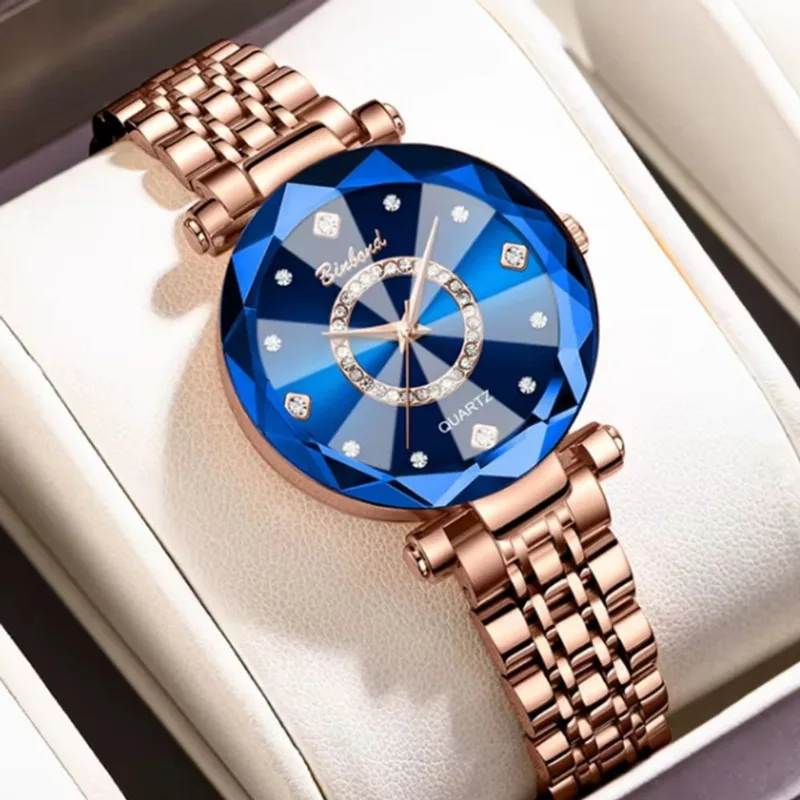 Relógio Binbond Feminino Cristal Safira Ouro Rosé 3atm Luxo