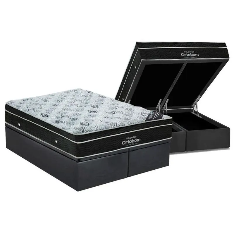 Cama Box Baú Queen: Colchão Molas Ortobom Nanolastic Exclusive + Base Suede Gray(158x198)
