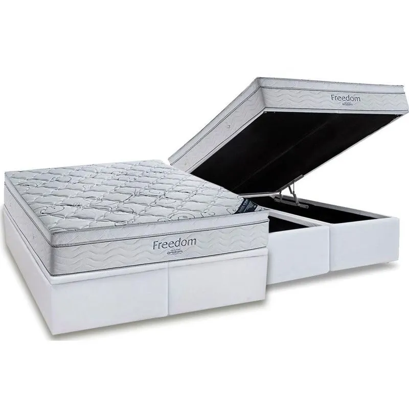 Cama Box Baú Queen: Colchão Molas Ortobom SuperPocket Freedom Visco + Base crc Courano White(158x198)