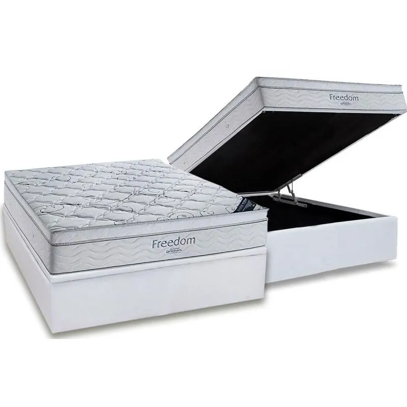 Cama Box Baú Casal: Colchão Molas Ortobom SuperPocket Freedom Visco + Base crc Courano White(138x188)