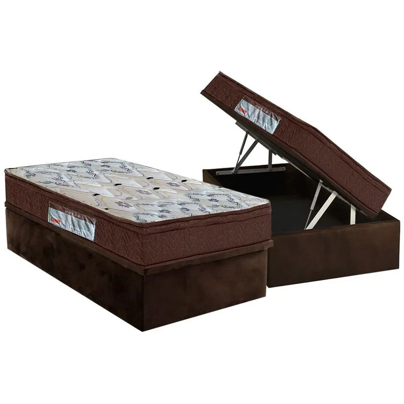 Cama Box Baú Solteiro: Colchão Espuma Ortobom D45 / EP ISO 150 Mega Firme + Base CRC Suede Brown(88x188)