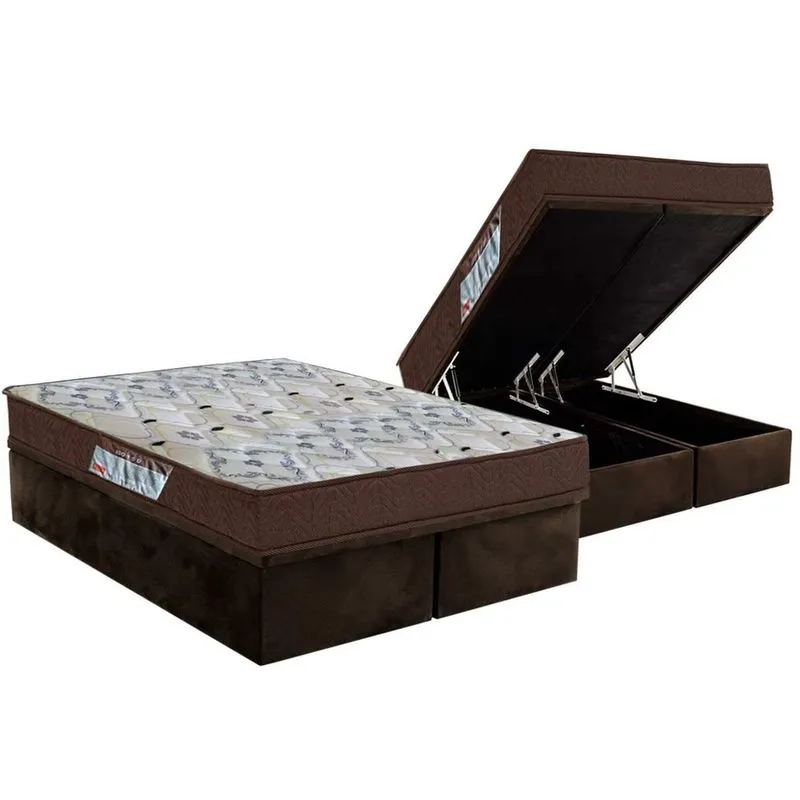 Cama Box Baú Queen: Colchão Espuma Ortobom D45 / ep iso 150 Mega Firme + Base crc Suede Brown(158x198)