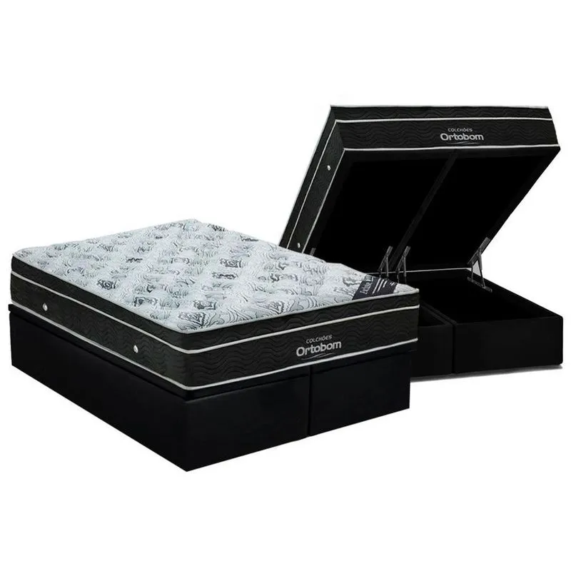 Cama Box Baú Queen: Colchão Molas Bonnel Ortobom Nanolastic Exclusive + Base crc Suede Black(158x198)