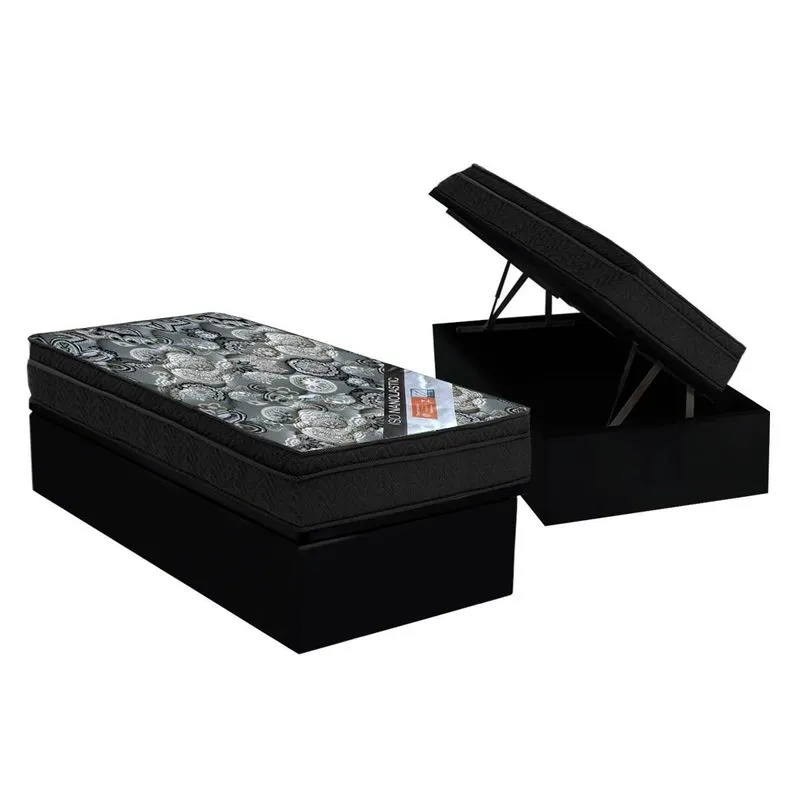 Conjunto Box Baú Solteiro: Colchão Molas Ortobom Nanolastic ISO + Base CRC Suede Black (88x188)