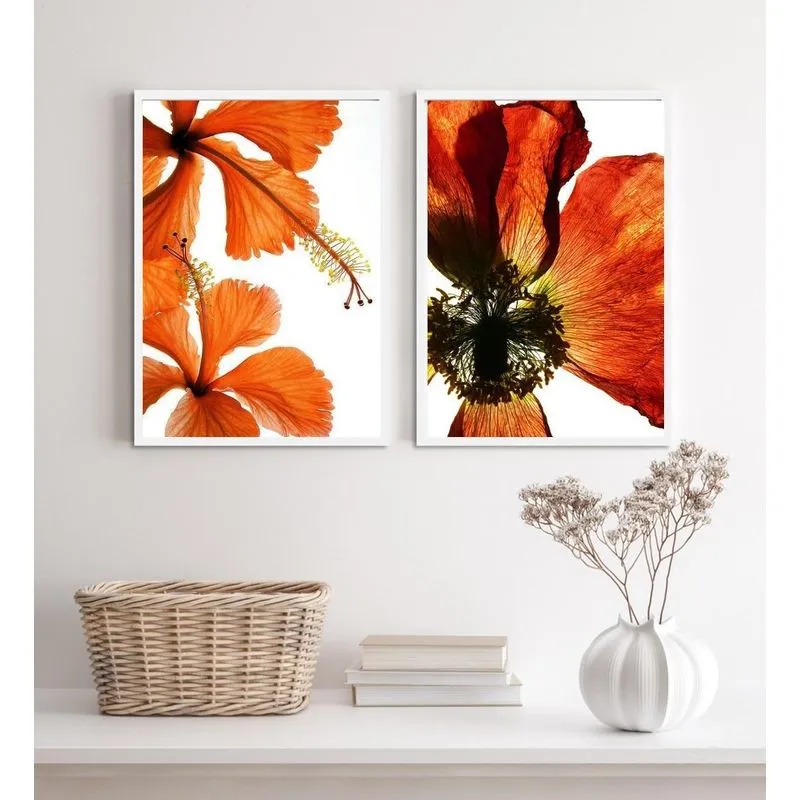 Kit 2 Quadros Flores Modernas Alaranjadas 33x24cm