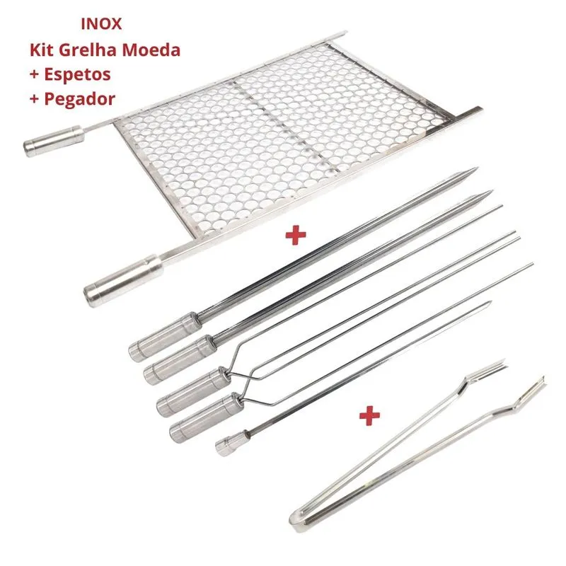Kit Churrasco Completo, Grelha 70x50 Com 5 Espetos, Pegador