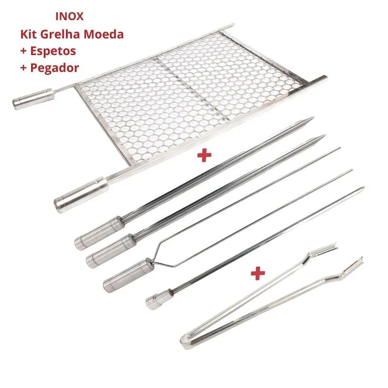 Kit Grelha Inox 70x50 E 4 Espetos E Pegador Carnes Churrasco