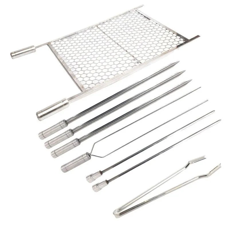 Kit Espetos Com Grelha Inox 70x60 E Pegador Carnes Churrasco