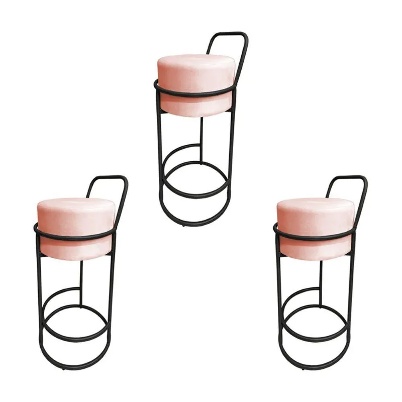 Kit 3 Banquetas Alta Redonda Base Preta Veludo - Rose