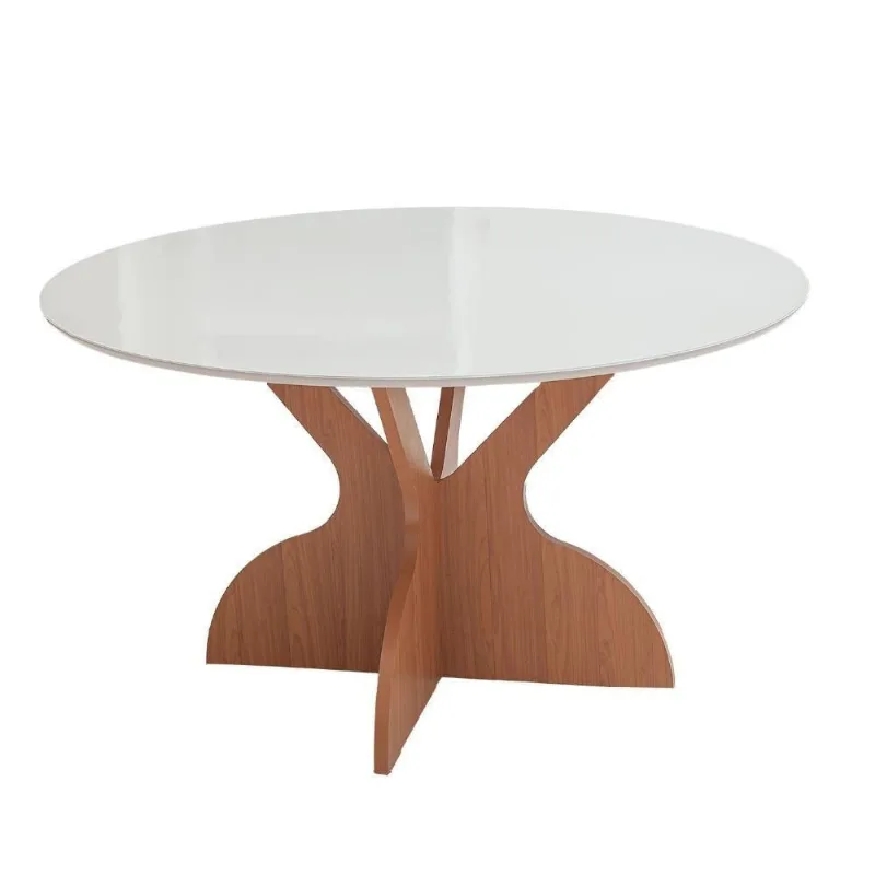 Mesa Jantar Redonda 6 Lugares Tampo Vidro 135CM Off White com Freijó Dalla Costa Móveis