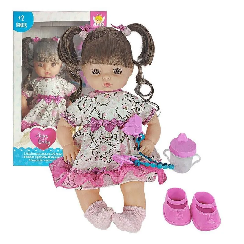 Boneca Anjos Baby Castanho Acessórios Mamadeira Chupeta E