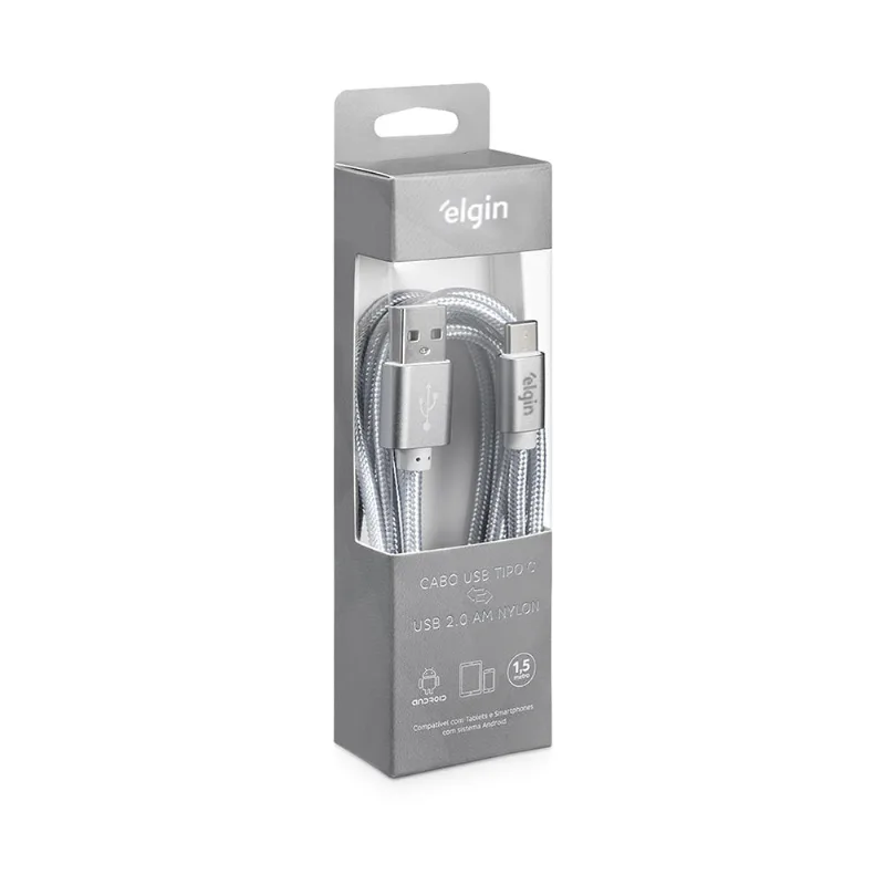 Cabo USB-C Nylon Cinza - 1,5M 480Mbps Compatível com Dispositivos Android