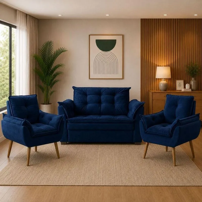 Sofá Conjunto Poltrona E Sofá Pequeno 2 Lugares 140cm Azul Marinho Suede
