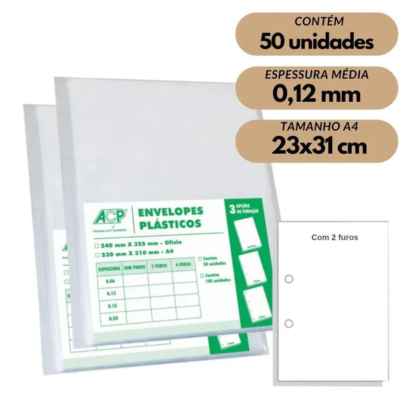 Envelope Saco Plástico A4 Acp 0,12Mm 2 Furos C/50 Médio