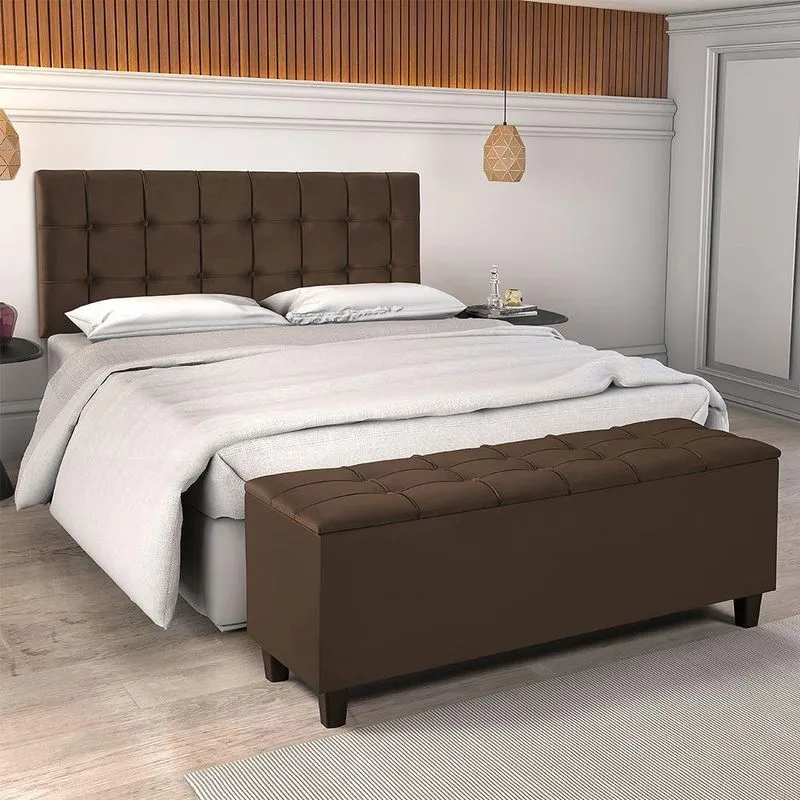 Conjunto Cabeceira King E Recamier Baú Capitonê Veludo Marrom Bali 1,84M - Cor: Marrom
