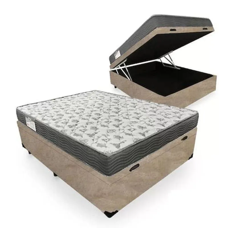 Cama Box Com Baú Casal Cama Box Baú Casal Espuma Macia Acoplado Suede Bege Antialérgico Gel 138cm