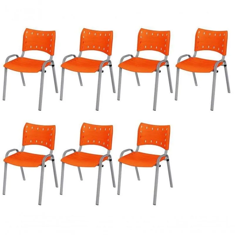 Cadeira Iso Base Cinza, Igreja, Escola, Escritório - Laranja Kit 7 Peças