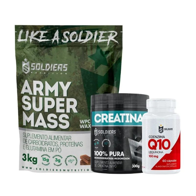 Kit: Hipercalórico Army Super Mass - 3kg + Creatina Monohidratada Pote 300g + Coen Zima Q10 100mg - Soldiers Nutrition Chocolate