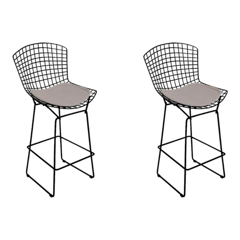 Kit 2 Banquetas Alta Bistrô Bertoia Preta D60 Com Assento Bege