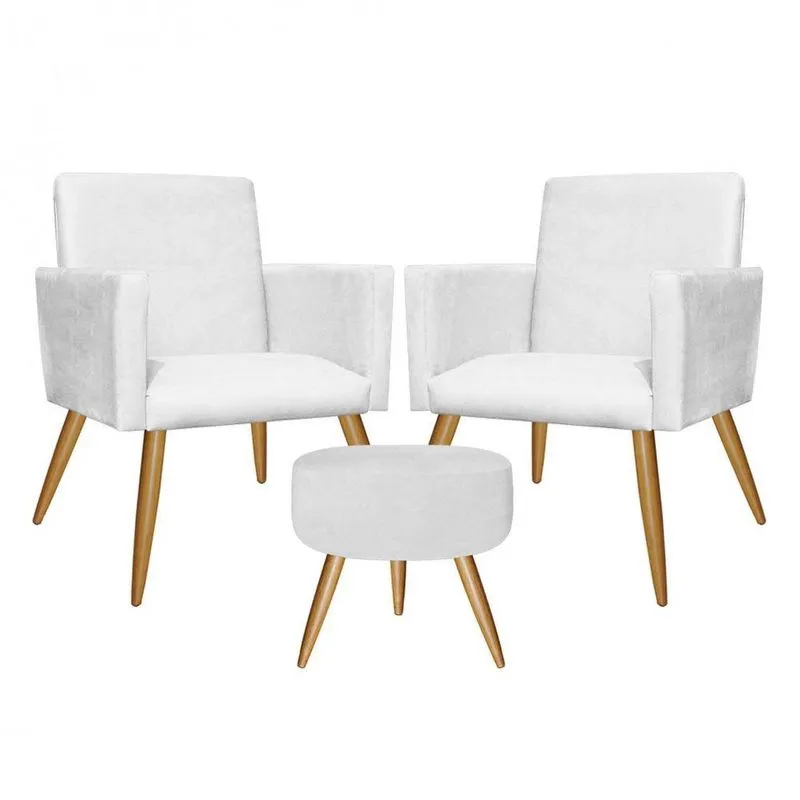 Kit 2 Poltronas E Puff Redondo Nina Decorativo Pé Palito Corino Branco