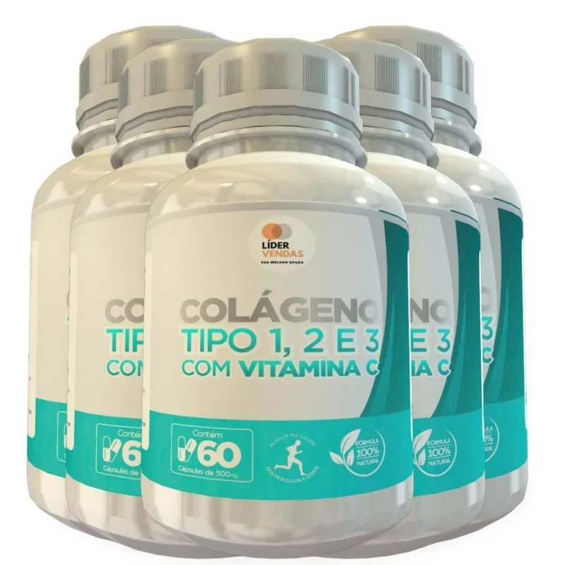 Colágeno Tipo 1, 2 E 3 Com Vitamina C 500mg 60 Cáps 5 Potes