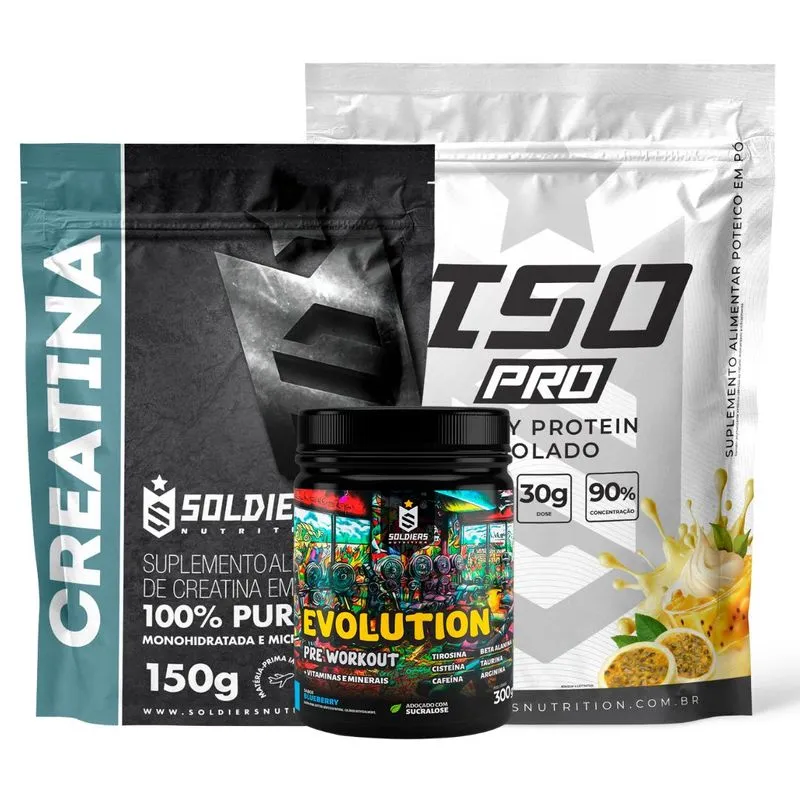 Kit: Whey Protein Isolado ISO PRO 1kg + Creatina Monohidratada 150g + Pré-Treino Evolution - Soldiers Nutrition