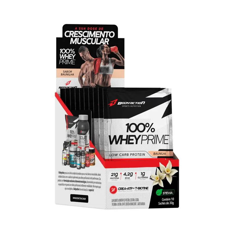 100% Whey Prime Display C/10 Sachês 30g Baunilha Bodyaction