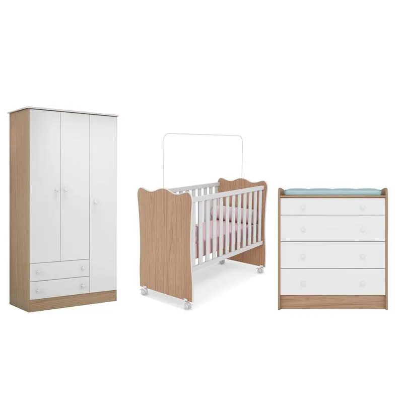 Quarto Infantil Guarda Roupa 3 Portas Doce Sonho, Berço e Cômoda Trocador Branco/Carvalho - Qmovi