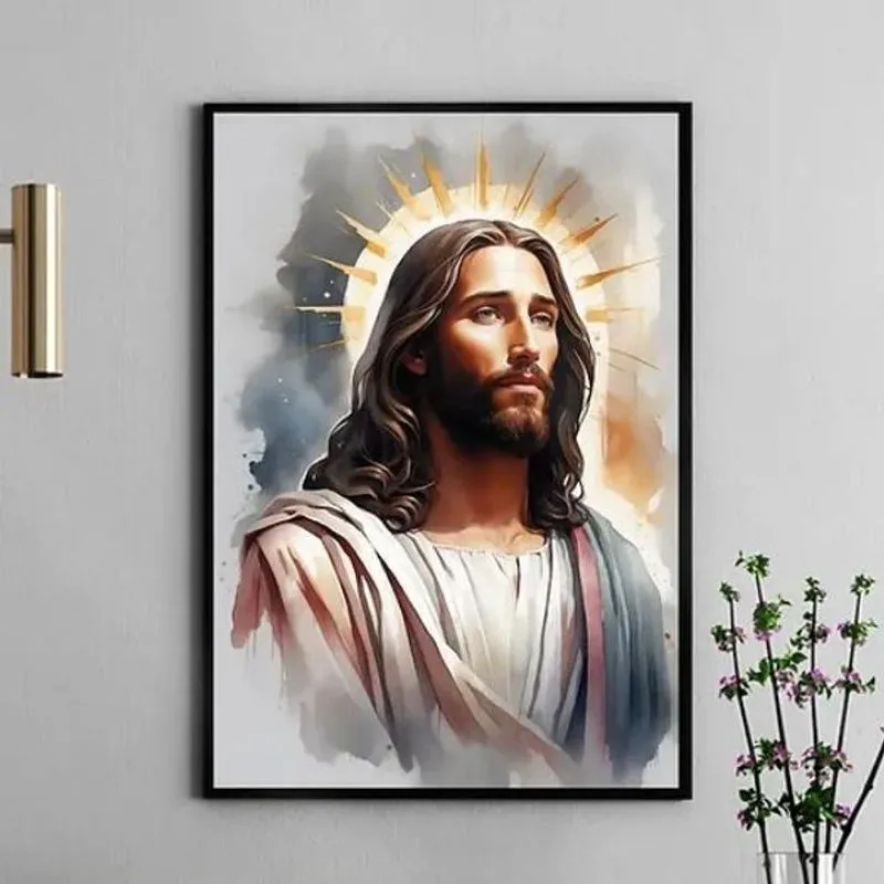 Quadro Jesus Aquarela Cinza E Dourado 45X34Cm