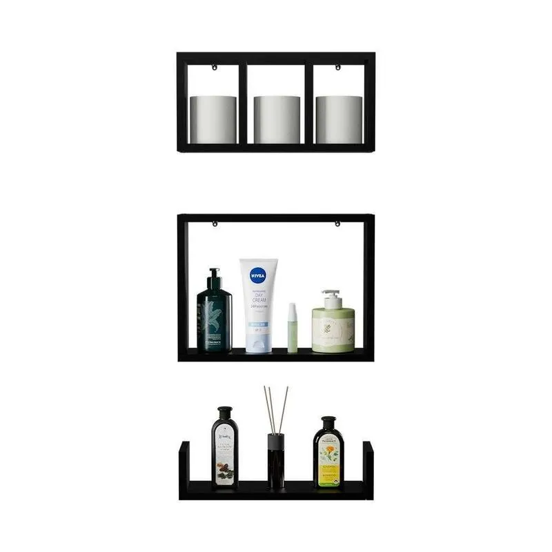 Kit 3 Peças Nicho Prateleira 40x12cm MDP Fixação Parafuso Organizador Banheiro Preto Mercado