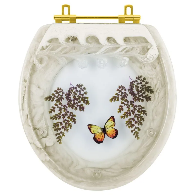 Tampa De Vaso Poliester Oval Bege Decorado Borboleta Amarela Com Ferragem Dourada
