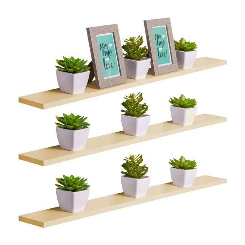Prateleira Kit 3 90X20CM MDP Fixação Suporte Invisível Organizador Moderno Sala Bege Claro