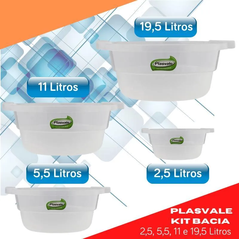Kit 4 Bacias Redondas Transparente Plasvale 2,5/5,5/11/19,5