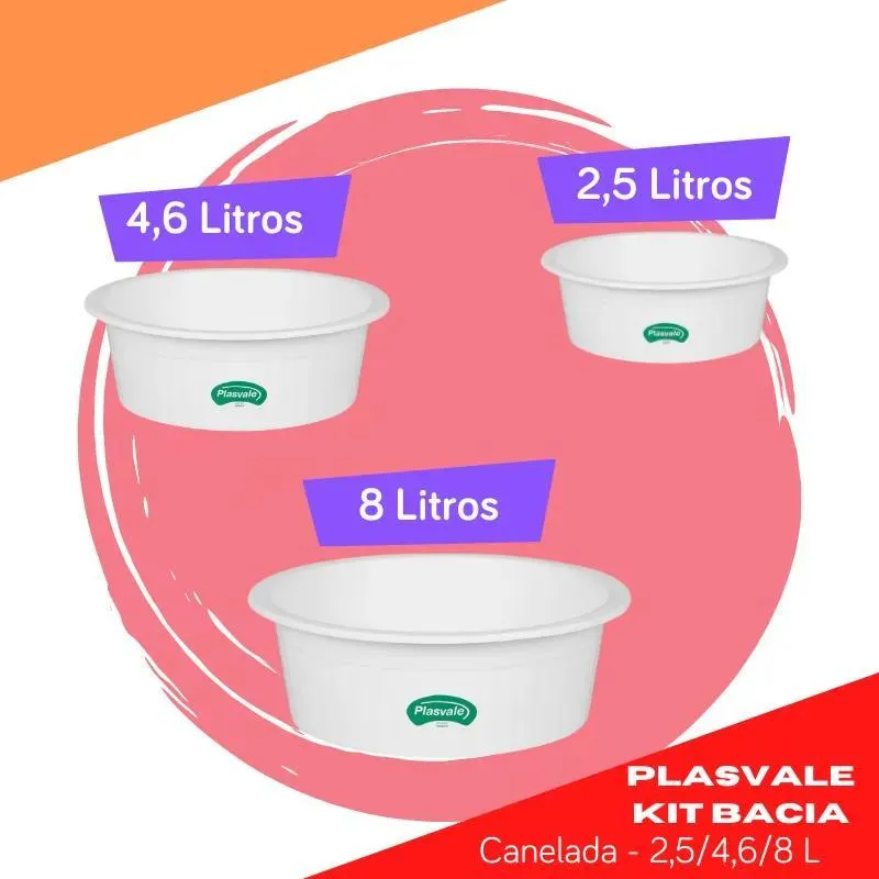 Kit 3 Bacias Canelada Plástico Plasvale 2,5/4,6/8 Litros