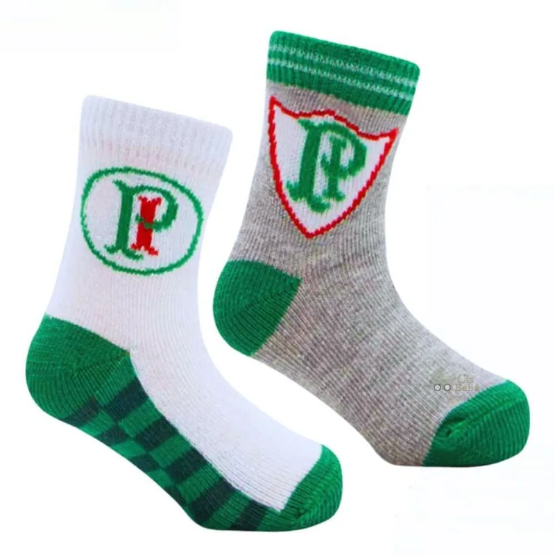 Kit 2 Pares de Meia Palmeiras Bebê Cinza e Branco Oficial RN
